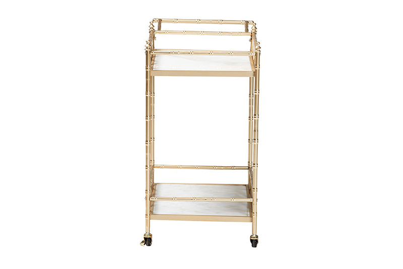 Marie Gold Metal and White Marble 2-Tier Wine Cart Baxton