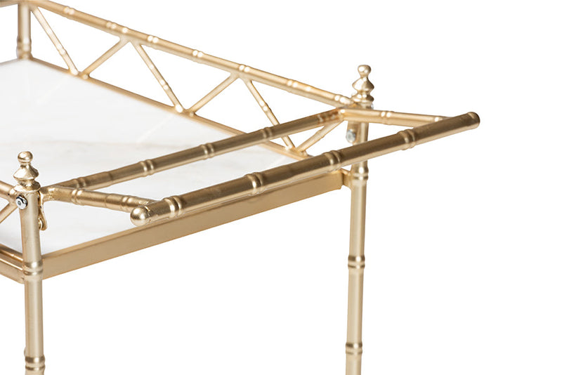 Marie Gold Metal and White Marble 2-Tier Wine Cart Baxton