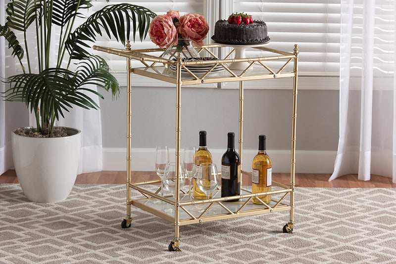 Marie Contemporary Glam and Luxe Gold Metal and White Marble 2-Tier Wine Cart