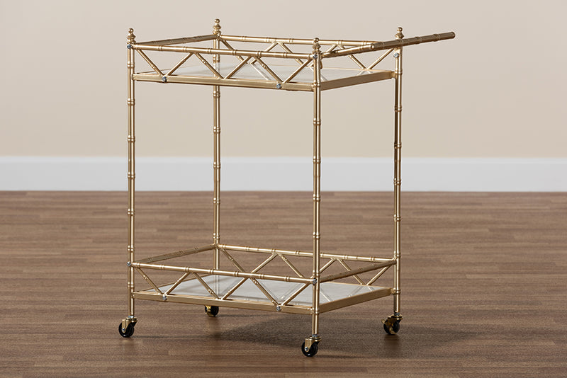 Marie Contemporary Glam and Luxe Gold Metal and White Marble 2-Tier Wine Cart