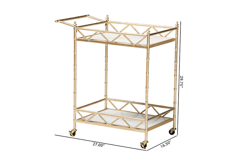 Marie Gold Metal and White Marble 2-Tier Wine Cart Baxton