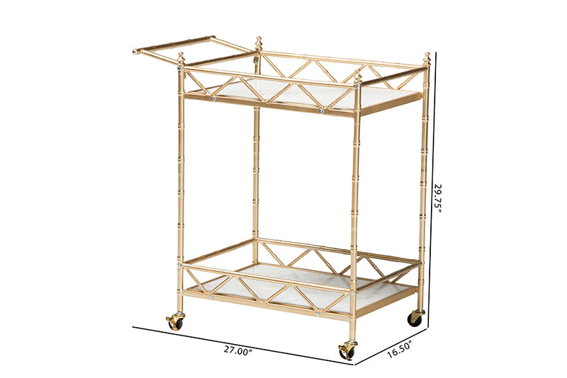 Marie Contemporary Glam and Luxe Gold Metal and White Marble 2-Tier Wine Cart