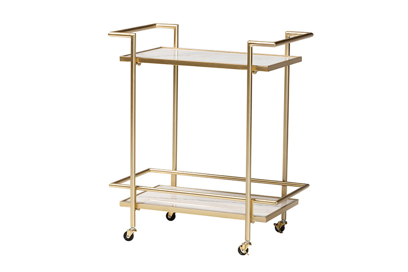 Sarter Contemporary Glam and Luxe Gold Metal and White Marble 2-Tier Wine Cart