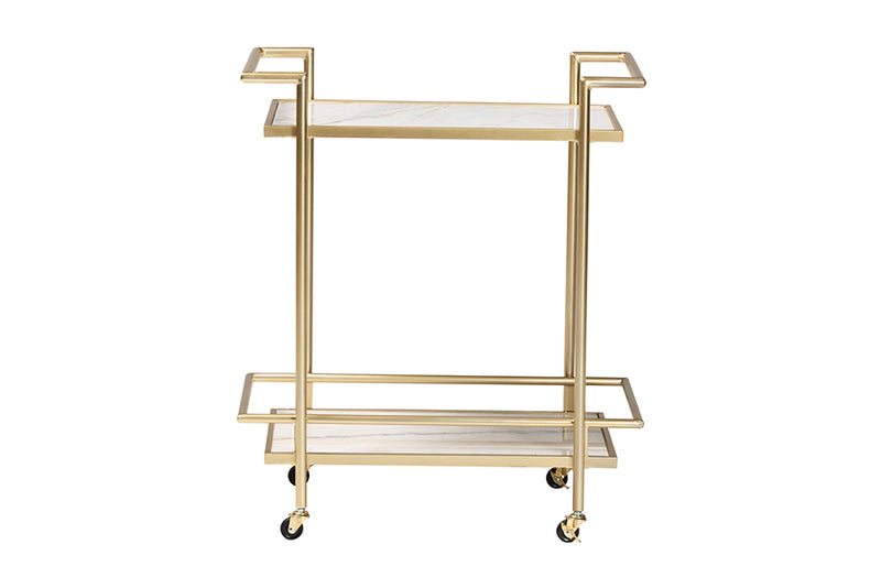 Sarter Contemporary Glam and Luxe Gold Metal and White Marble 2-Tier Wine Cart