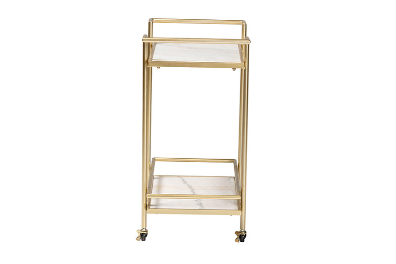 Sarter Contemporary Glam and Luxe Gold Metal and White Marble 2-Tier Wine Cart