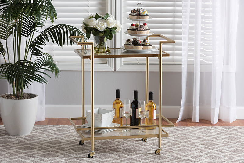 Sarter Contemporary Glam and Luxe Gold Metal and White Marble 2-Tier Wine Cart