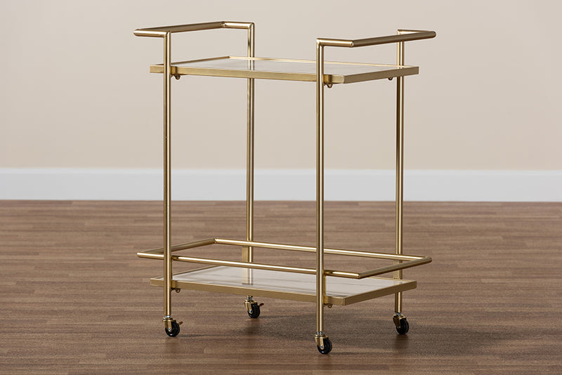 Sarter Contemporary Glam and Luxe Gold Metal and White Marble 2-Tier Wine Cart