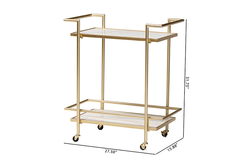 Sarter Contemporary Glam and Luxe Gold Metal and White Marble 2-Tier Wine Cart