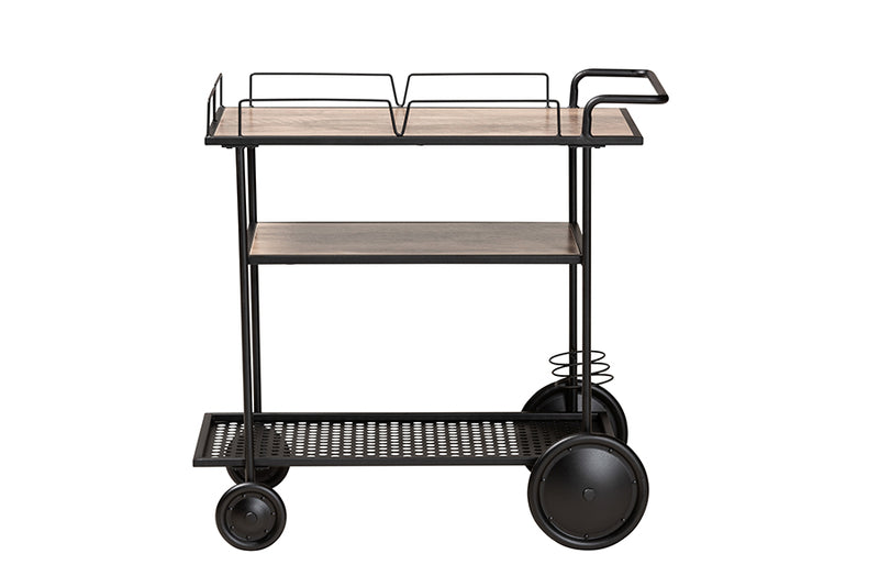 Felix Modern Industrial Walnut Brown Finished Wood and Black Metal Mobile Wine Cart