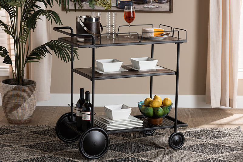 Felix Modern Industrial Walnut Brown Finished Wood and Black Metal Mobile Wine Cart