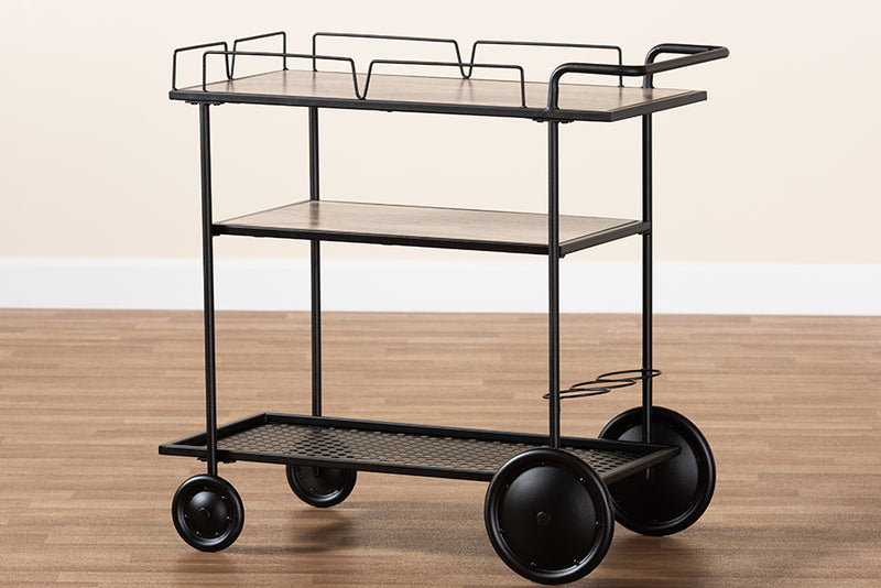 Felix Modern Industrial Walnut Brown Finished Wood and Black Metal Mobile Wine Cart