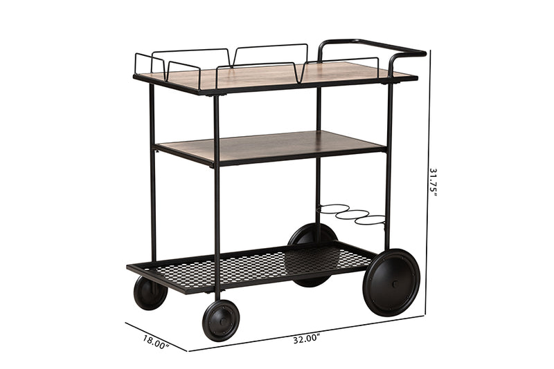 Felix Modern Industrial Walnut Brown Finished Wood and Black Metal Mobile Wine Cart