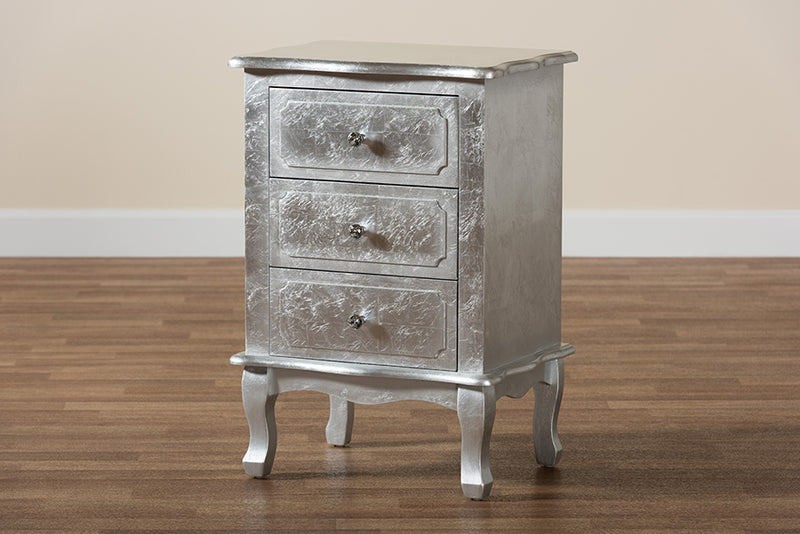 Adina Classic and Traditional Silver Finished Wood 3-Drawer End Table