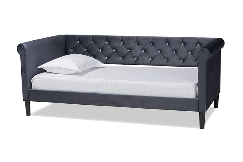 Halen Modern and Contemporary Gray Velvet Fabric Upholstered and Dark Brown Finished Wood Full Size Daybed