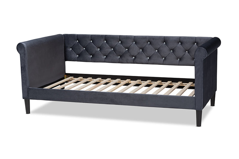 Halen Modern and Contemporary Gray Velvet Fabric Upholstered and Dark Brown Finished Wood Full Size Daybed