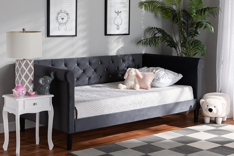 Halen Modern and Contemporary Gray Velvet Fabric Upholstered and Dark Brown Finished Wood Full Size Daybed