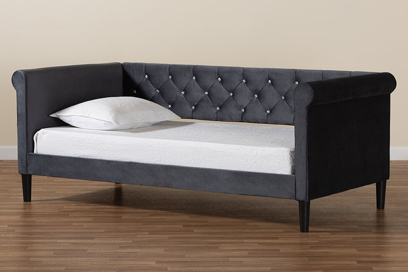 Halen Modern and Contemporary Gray Velvet Fabric Upholstered and Dark Brown Finished Wood Full Size Daybed