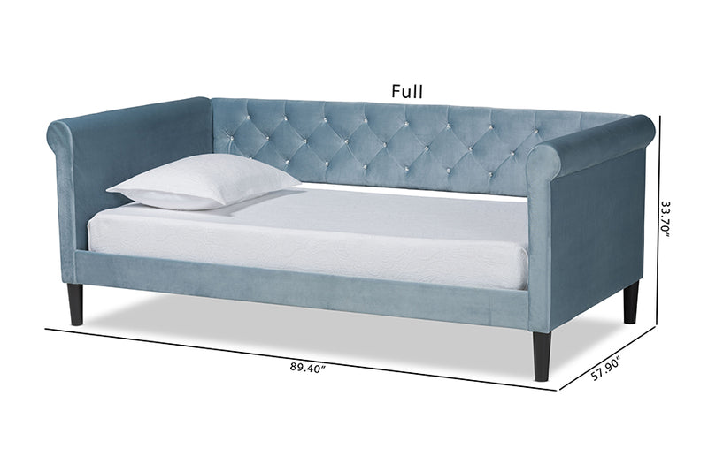 Halen Modern and Contemporary Light Blue Velvet Fabric Upholstered and Dark Brown Finished Wood Full Size Daybed