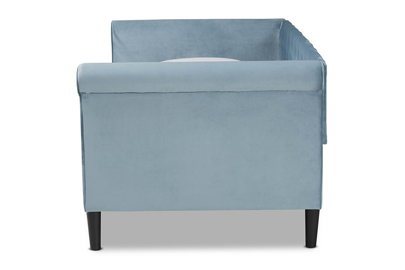 Halen Modern and Contemporary Light Blue Velvet Fabric Upholstered and Dark Brown Finished Wood Full Size Daybed