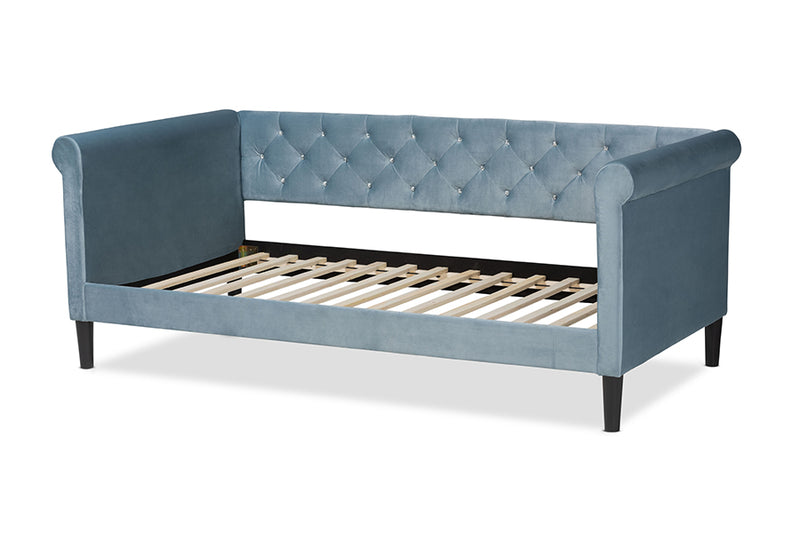 Halen Modern and Contemporary Light Blue Velvet Fabric Upholstered and Dark Brown Finished Wood Full Size Daybed