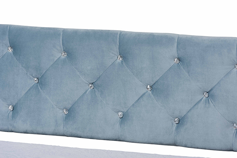 Halen Modern and Contemporary Light Blue Velvet Fabric Upholstered and Dark Brown Finished Wood Full Size Daybed