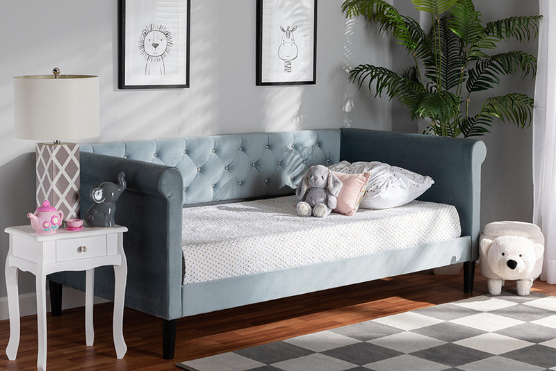 Halen Modern and Contemporary Light Blue Velvet Fabric Upholstered and Dark Brown Finished Wood Full Size Daybed