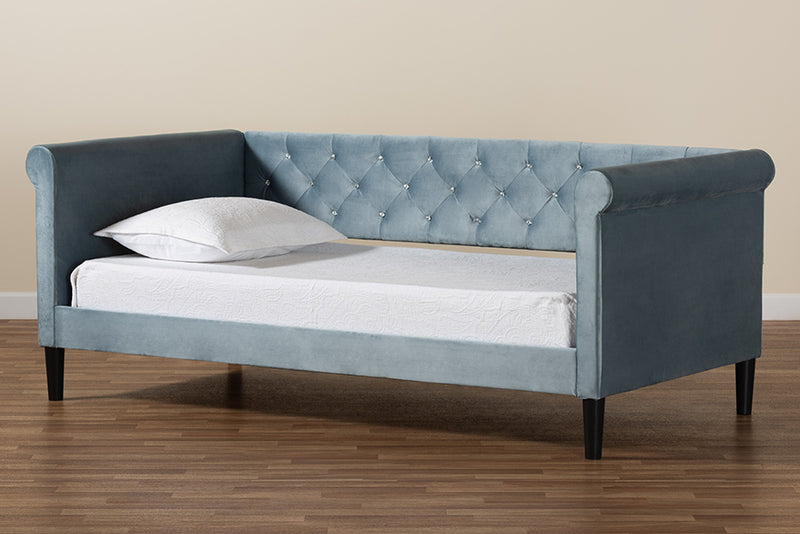 Halen Modern and Contemporary Light Blue Velvet Fabric Upholstered and Dark Brown Finished Wood Full Size Daybed