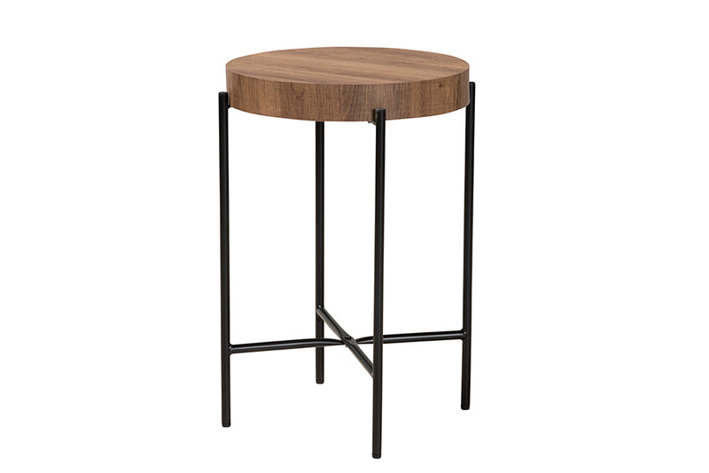 Poltak Modern Industrial Walnut Brown Finished Wood and Black Metal End Table