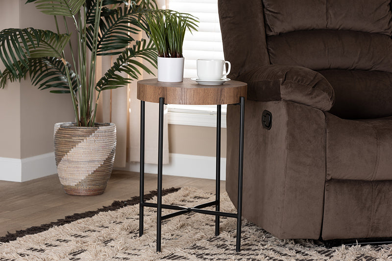 Poltak Modern Industrial Walnut Brown Finished Wood and Black Metal End Table