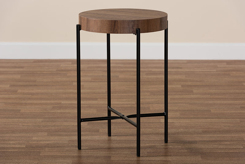 Poltak Modern Industrial Walnut Brown Finished Wood and Black Metal End Table