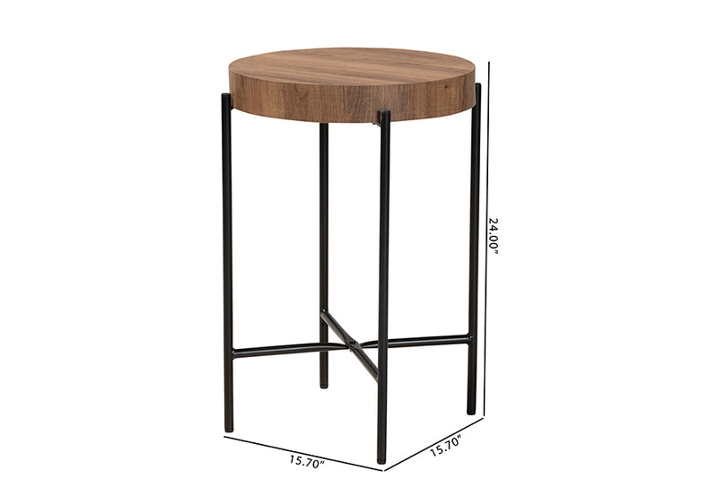 Poltak Modern Industrial Walnut Brown Finished Wood and Black Metal End Table