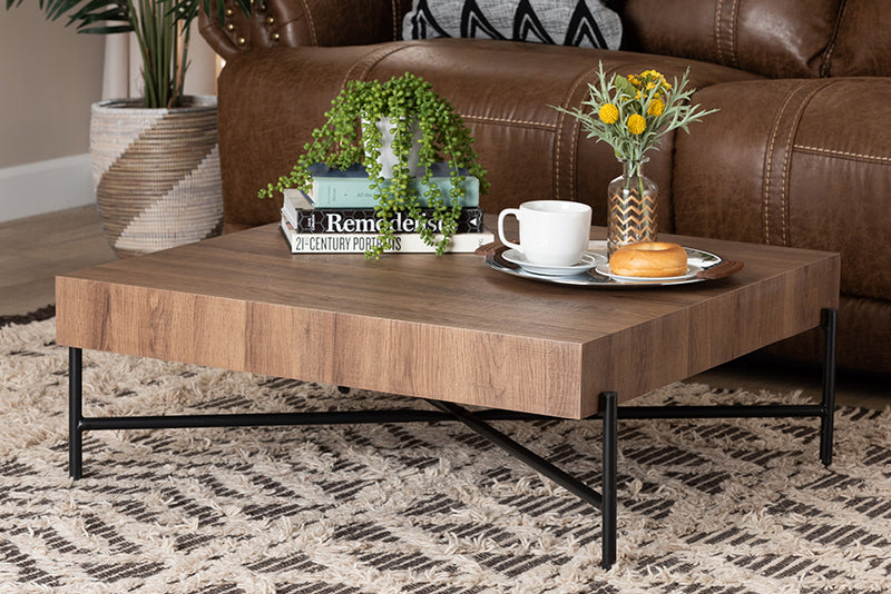 Poltak Modern Industrial Walnut Brown Finished Wood and Black Metal Coffee Table