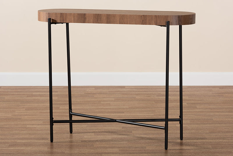 Poltak Walnut Brown and Black Metal Console Table Baxton