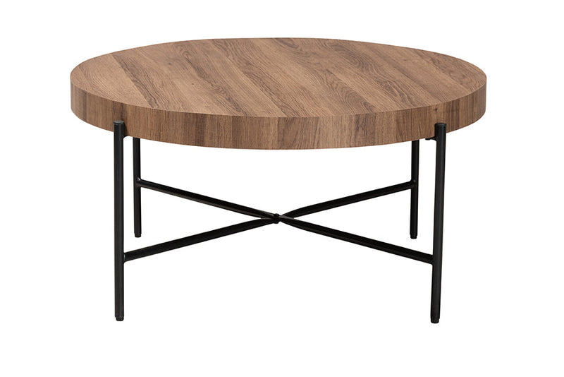 Jaela Walnut Brown and Black Metal Coffee Table Baxton