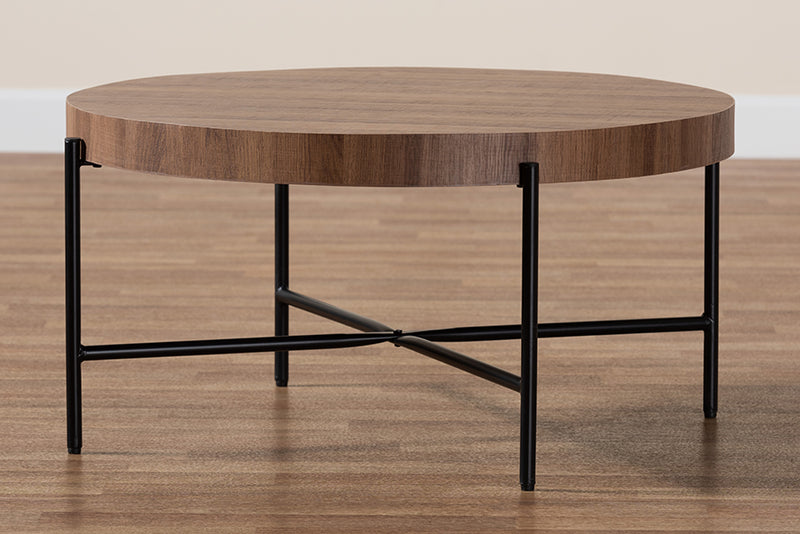 Jaela Modern Industrial Walnut Brown Finished Wood and Black Metal Coffee Table