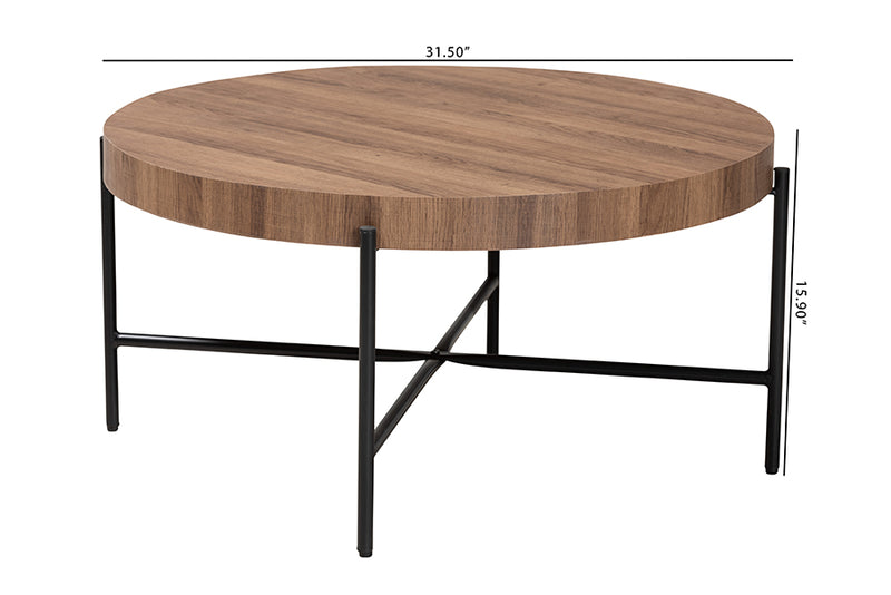 Jaela Modern Industrial Walnut Brown Finished Wood and Black Metal Coffee Table