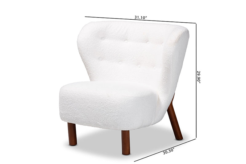 Kaylee Modern and Contemporary White Boucle Upholstered and Walnut Brown Finished Wood Accent Chair