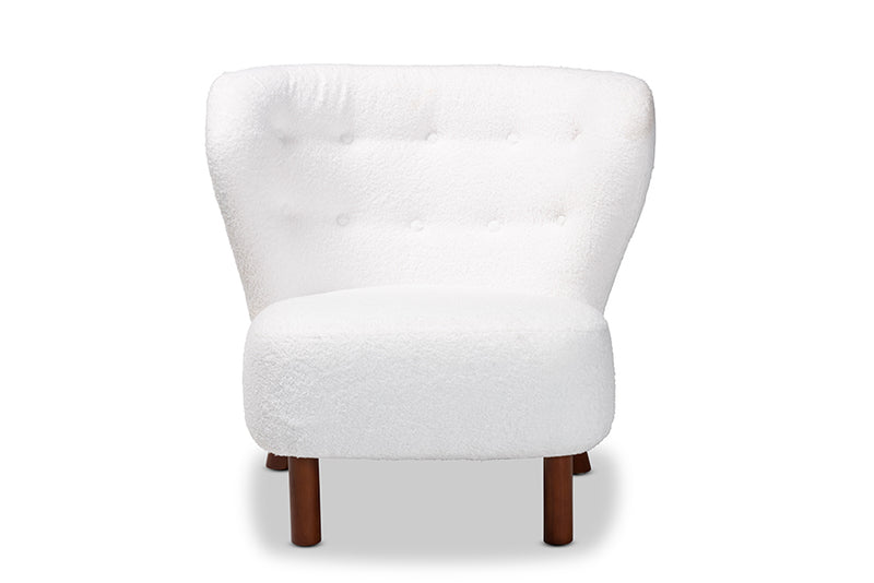 Kaylee Modern and Contemporary White Boucle Upholstered and Walnut Brown Finished Wood Accent Chair