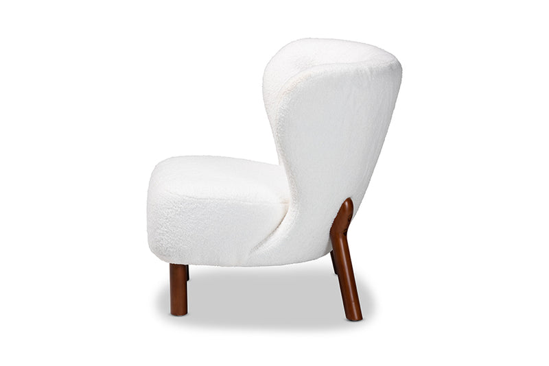 Kaylee Modern and Contemporary White Boucle Upholstered and Walnut Brown Finished Wood Accent Chair