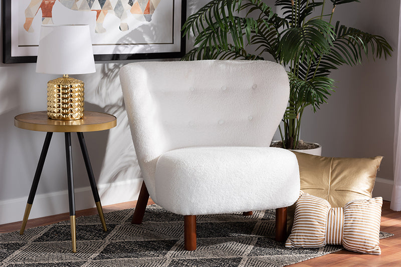 Kaylee Modern and Contemporary White Boucle Upholstered and Walnut Brown Finished Wood Accent Chair