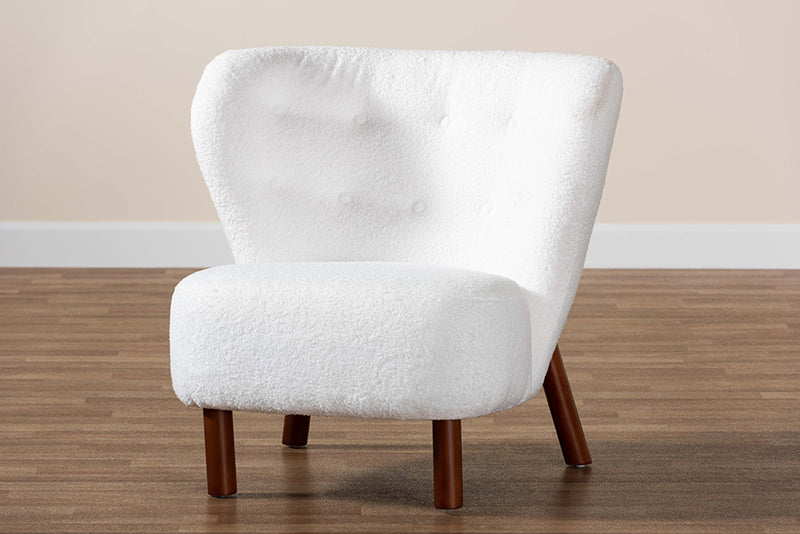 Kaylee Modern and Contemporary White Boucle Upholstered and Walnut Brown Finished Wood Accent Chair