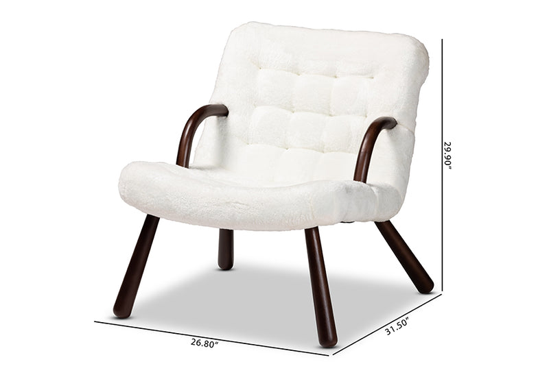 Laria Modern and Contemporary White Sherpa Upholstered and Walnut Brown Finished Wood Accent Chair