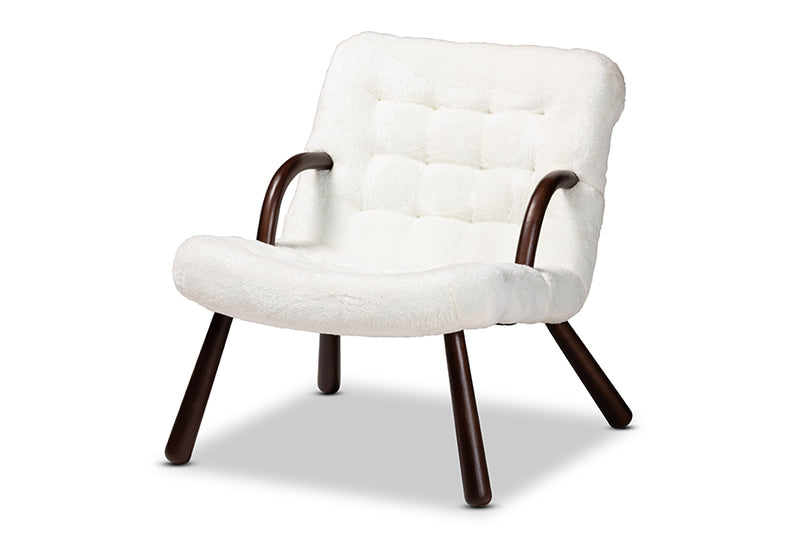 Laria Modern and Contemporary White Sherpa Upholstered and Walnut Brown Finished Wood Accent Chair