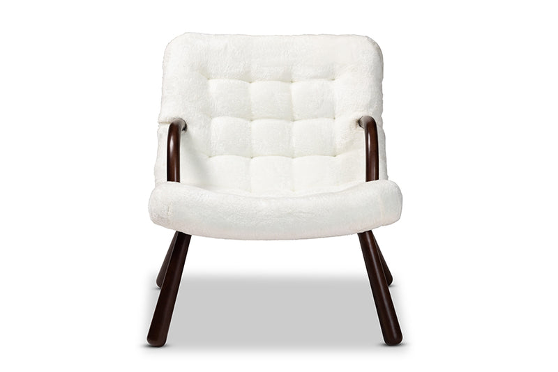 Laria Modern and Contemporary White Sherpa Upholstered and Walnut Brown Finished Wood Accent Chair