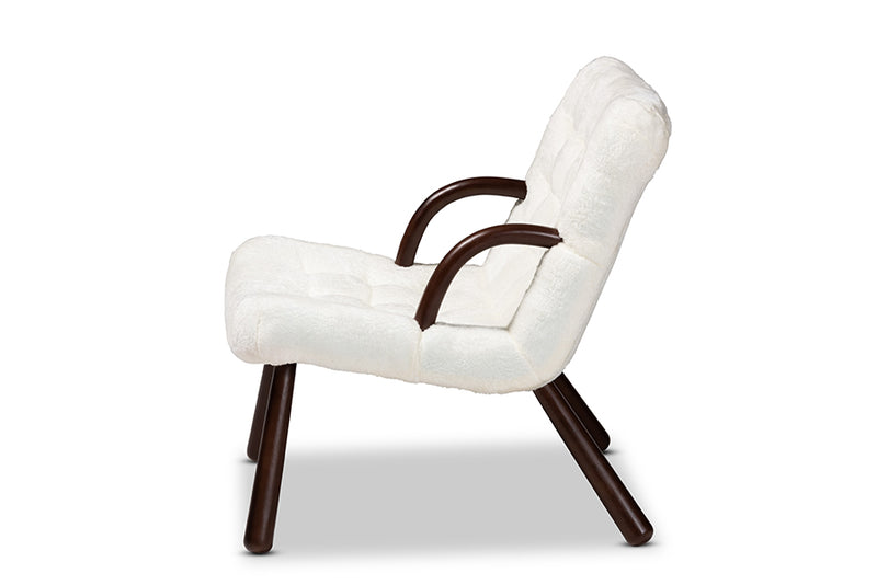 Laria Modern and Contemporary White Sherpa Upholstered and Walnut Brown Finished Wood Accent Chair