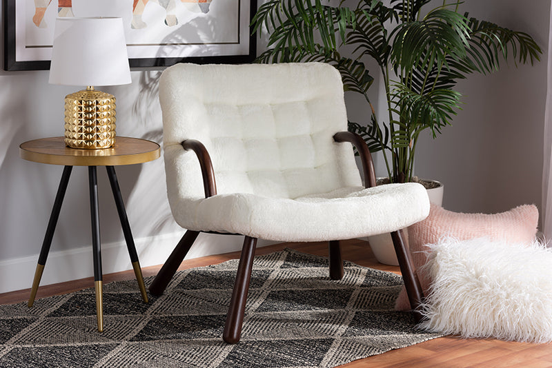 Laria Modern and Contemporary White Sherpa Upholstered and Walnut Brown Finished Wood Accent Chair