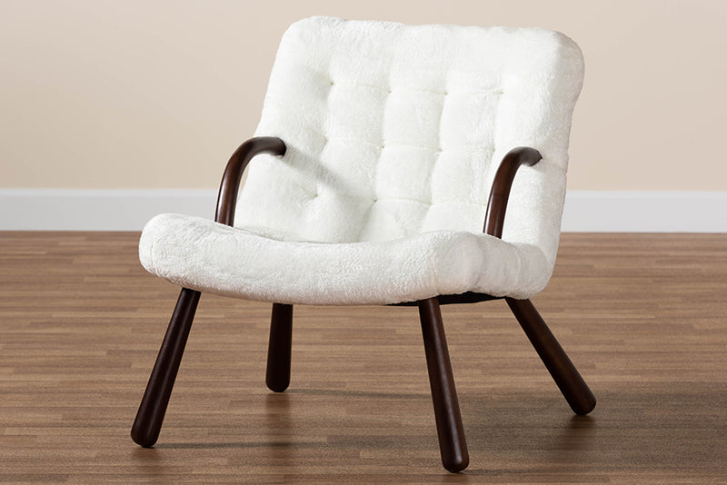 Laria Modern and Contemporary White Sherpa Upholstered and Walnut Brown Finished Wood Accent Chair