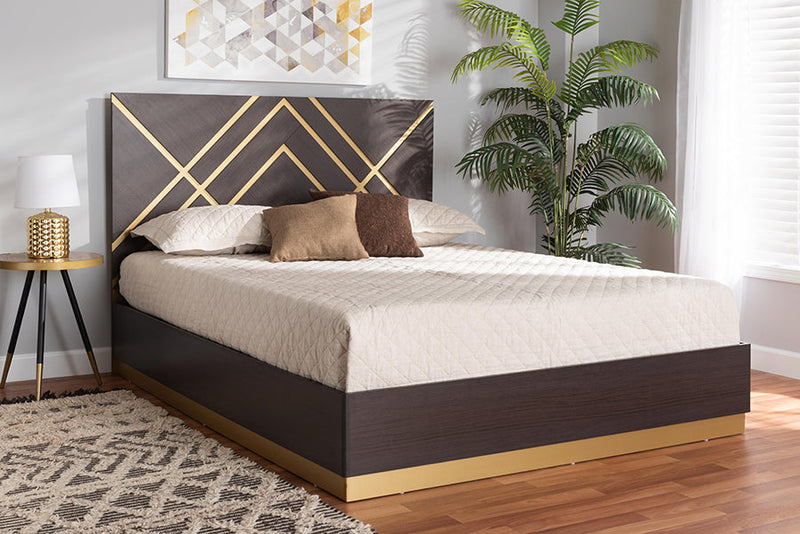Anise Two-Tone Dark Brown and Gold Queen Size Platform Bed Baxton