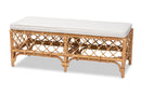 Jacinda White Fabric Upholstered and Natural Brown Rattan Bench Baxton