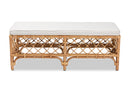 Jacinda White Fabric Upholstered and Natural Brown Rattan Bench Baxton